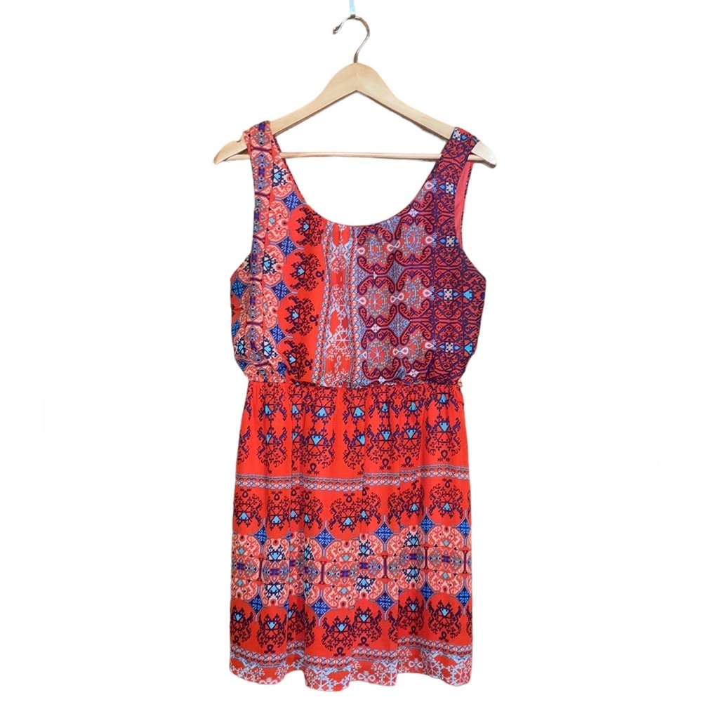 •AS U WISH•ORANGE & BLUE BOHO PATTERNED ELASTIC WAIST SCOOPNECK DRESS SIZE LARGE